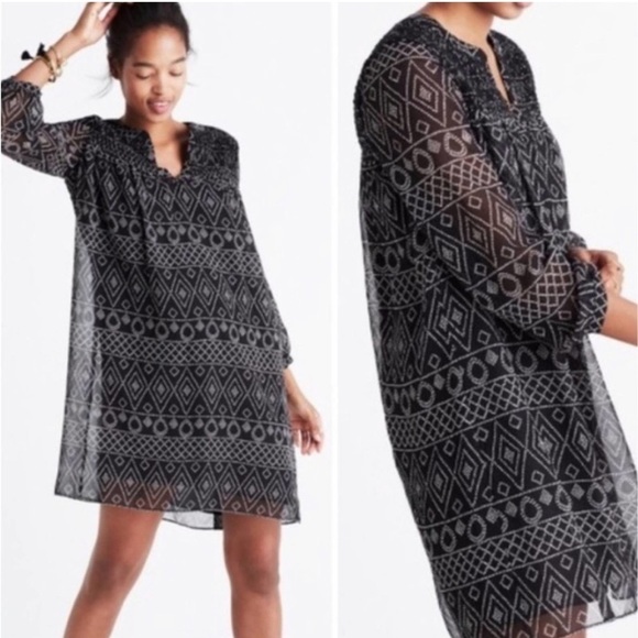 Madewell Smocked Geometric Print Dress Long Sleeve Black Medium - Picture 1 of 6